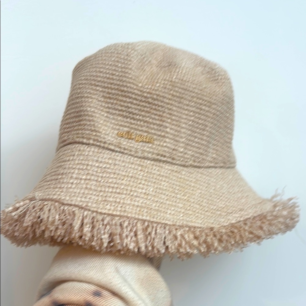 Cult Gaia Beige Woven bucket Hat with Fringe